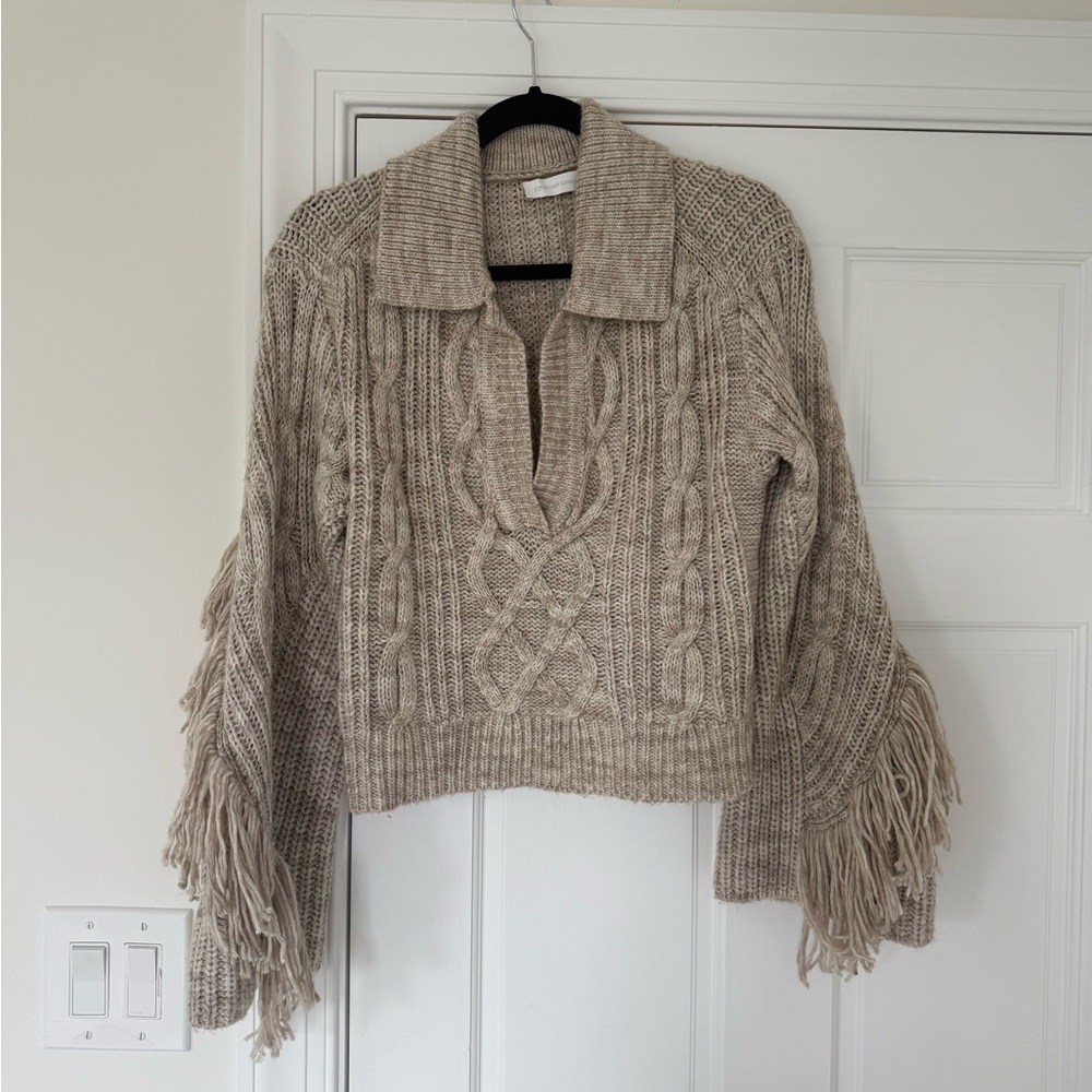 Jonathan Simkhai Tan V-Neck Sweater with Fringe Details